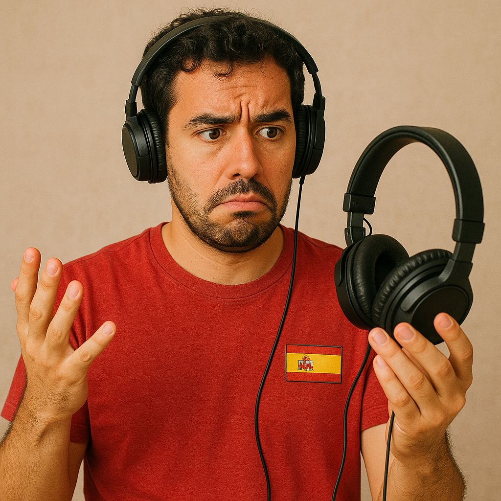 Un joven español con camiseta roja y parche de la bandera de España luce confundido mientras sostiene unos auriculares negros de diadema, a pesar de que ya lleva puestos otros similares en la cabeza.